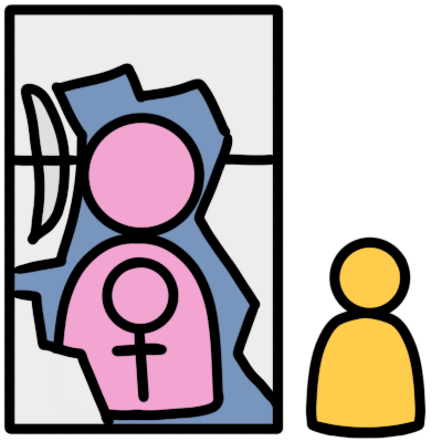 a pink figure with a venus symbol on it is inside a refrigerator. outside the refrigerator is a small yellow figure.